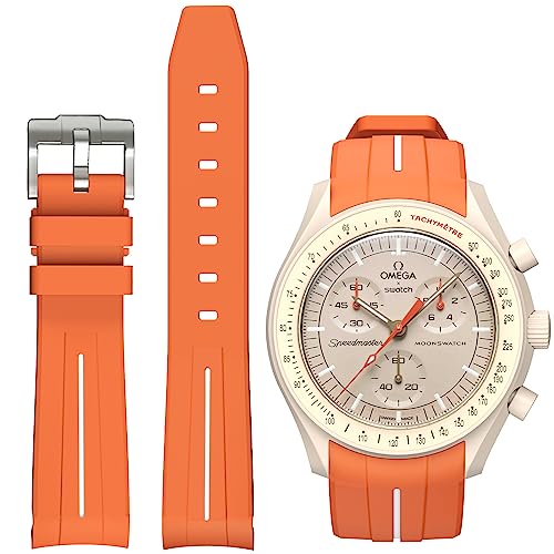 Ersatz-Uhrenarmband für MoonSwatch, gebogen, keine Lücken, Gummi-Armband, kompatibel mit Omega X Swatch MoonSwatch Speedmaster, Rolex, SEIKO, 20 mm, Orange mit Strich in Weiß von BONACE