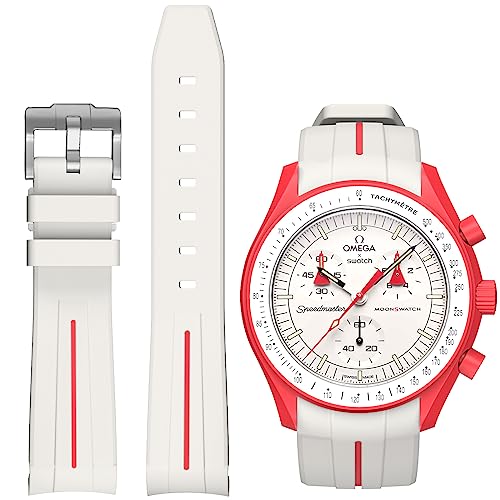 Ersatz-Uhrenarmband für MoonSwatch, gebogen, keine Lücken, Gummi-Armband, kompatibel mit Omega X Swatch MoonSwatch Speedmaster, Rolex, SEIKO, 20 mm, Weiß mit Strich in Rot von BONACE