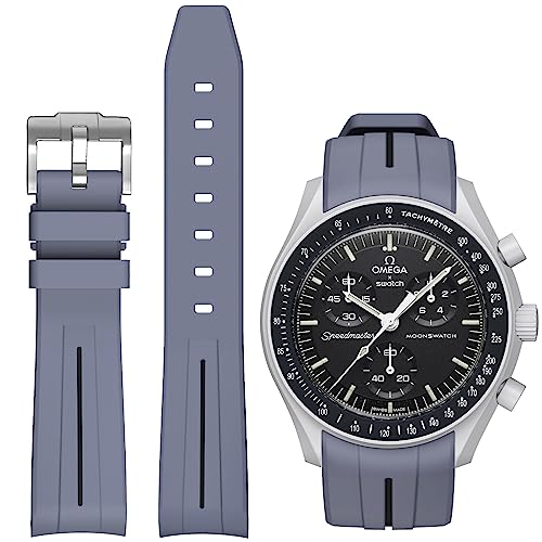 BONACE Ersatz-Uhrenarmband für MoonSwatch, gebogen, keine Lücken, Gummi-Armband, kompatibel mit Omega X Swatch MoonSwatch Speedmaster, Rolex, SEIKO, 20 mm Uhr, Dunkelblau mit Strich in Schwarz von BONACE