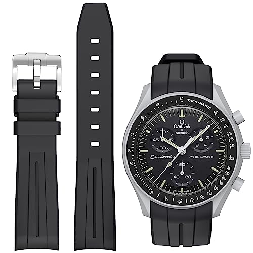 Ersatz-Uhrenarmband für MoonSwatch, gebogen, keine Lücken, Gummi-Armband, kompatibel mit Omega X Swatch MoonSwatch Speedmaster, Rolex, SEIKO, 20 mm Uhr, Schwarz von BONACE