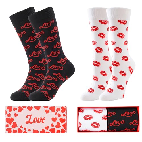 BONANGEL Valentinstag Socken, Pärchensocken Partnersocken Herzsocken Lustige Socken Herren Neuheit Liebeslippen Kusssocken Lustige Geschenke für Freund Freundin Männer Damen von BONANGEL