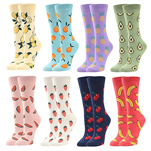 Damen Lustige Bunte Socken,Mädchensocken witzige Strümpfe, Fun Gemusterte Muster Socken, Verrückte Socken Modische Oddsocks Mehrfarbig Klassisch als Geschenk, Neuheit Sneaker (8 Pairs-Fruits 3) von BONANGEL