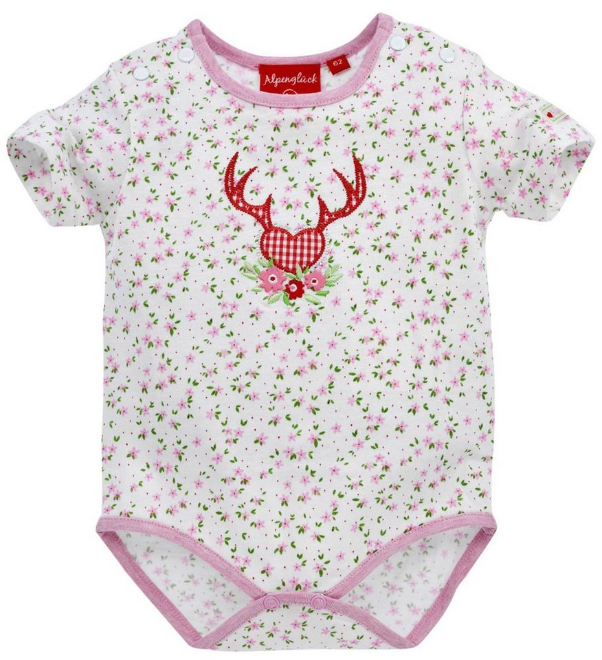 BONDI Body Kurzarm Trachten Baby Body Hirsch" mit Blümchendruck 86273 - Rosa Weiß" von BONDI