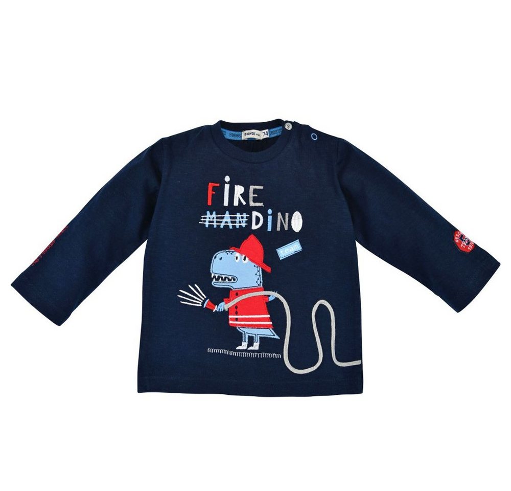 BONDI Langarmshirt Baby Jungen Pullover Fire Dino" 91431, Blau - Geringelt Feuerwehr Dinosaurier Motiv" von BONDI