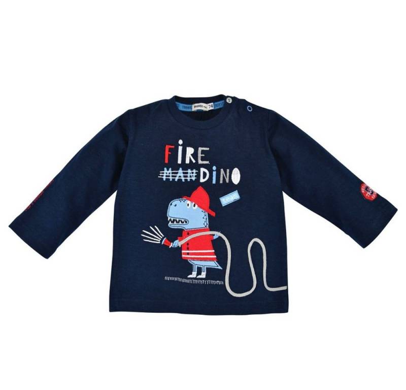 BONDI Langarmshirt Baby Jungen Pullover Fire Dino" 91431, Blau - Geringelt Feuerwehr Dinosaurier Motiv" von BONDI