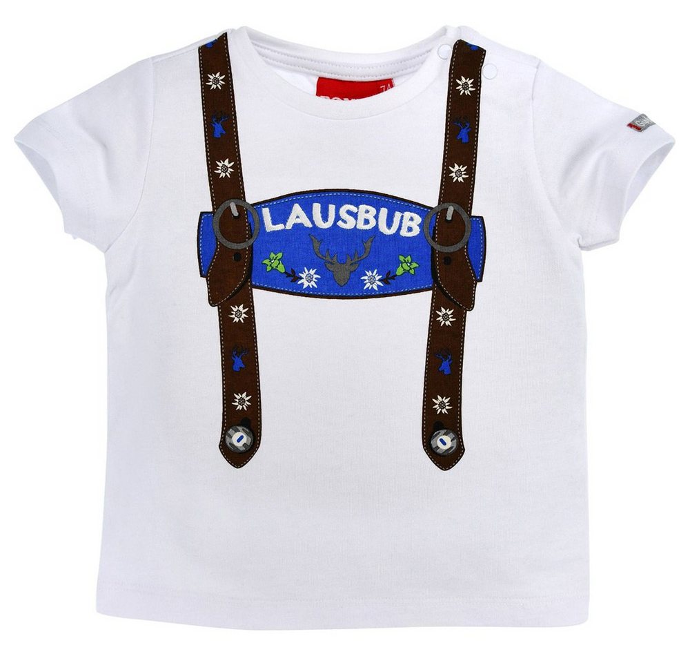 BONDI T-Shirt Baby Jungen Hosenträger Trachten Shirt Lausbub" 91325, Kurzarm Weiß Blau" von BONDI