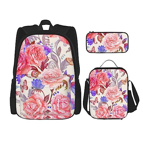 3-teiliges Rucksack-Set, Motiv: Blumen, Rose, Schmetterling, verstellbare Schultertasche, Set mit Lunchbox, Federmäppchen, Blume, Rose, Schmetterling, Einheitsgröße, Daypack Rucksäcke von BONDIJ