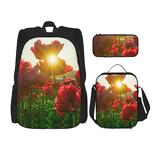 3-teiliges Rucksack-Set mit frischen reifen Äpfeln, verstellbare Schultertasche, Set mit Lunchbox, Federmäppchen, Natur Blumen, Einheitsgröße, Daypack Rucksäcke von BONDIJ