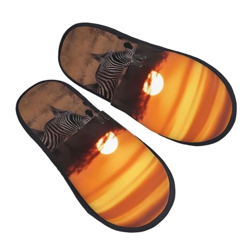 BONDIJ Afrika Sonnenuntergang Zebra Print Hausschuhe Weiche Plüsch Haus Hausschuhe Warme Slip-on Slides Cozy Indoor Outdoor Hausschuhe für Frauen, Schwarz , Einheitsgröße von BONDIJ