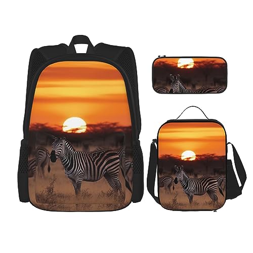 BONDIJ Afrikanische Tier-Leoparden-Rucksäcke für die Schule mit Lunchbox, Federmäppchen, wasserabweisend, Büchertasche für Jungen, Mädchen, Lehrer, Geschenke, Africa Sunset Zebra, Einheitsgröße, von BONDIJ