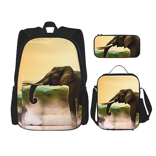 BONDIJ Afrikanische Tier-Leoparden-Rucksäcke für die Schule mit Lunchbox, Federmäppchen, wasserabweisend, Büchertasche für Jungen, Mädchen, Lehrer, Geschenke, Afrikanischer Elefant, Einheitsgröße, von BONDIJ