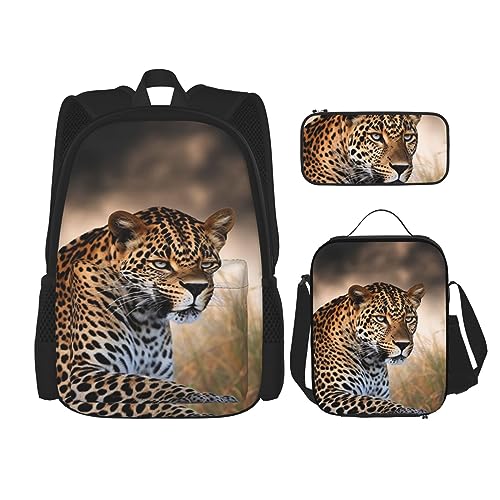 BONDIJ Afrikanische Tier-Leoparden-Rucksäcke für die Schule mit Lunchbox, Federmäppchen, wasserabweisend, Büchertasche für Jungen, Mädchen, Lehrer, Geschenke, Afrikanischer Tier-Leopard, von BONDIJ