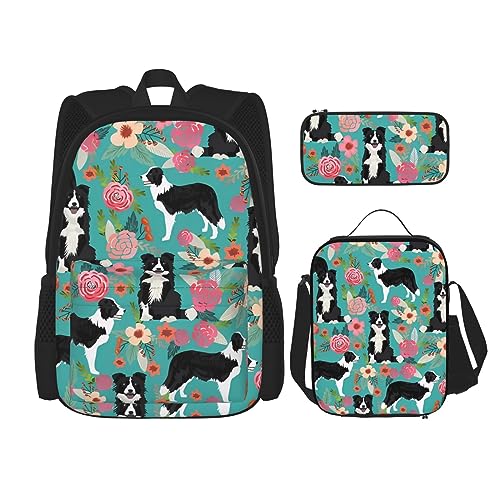 BONDIJ Afrikanische Tier-Leoparden-Rucksäcke für die Schule mit Lunchbox, Federmäppchen, wasserabweisend, Büchertasche für Jungen, Mädchen, Lehrer, Geschenke, Border Collie Florals, Einheitsgröße, von BONDIJ