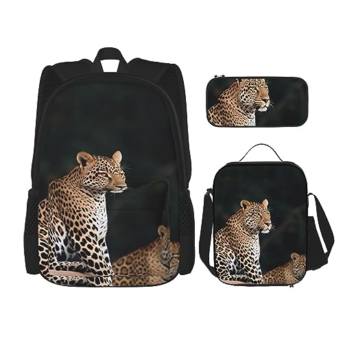 BONDIJ Alte Karte Welt Globus Rucksäcke für Schule mit Brotdose Federmappe, Wasserabweisende Büchertasche für Jungen Mädchen Lehrer Geschenke, Afrikanischer Leopard auf Fel, Einheitsgröße, Daypack von BONDIJ