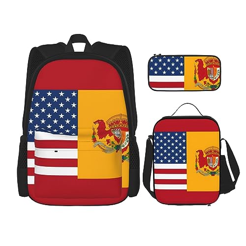 BONDIJ Alte Karte Welt Globus Rucksäcke für Schule mit Brotdose Federmappe, Wasserabweisende Büchertasche für Jungen Mädchen Lehrer Geschenke, Amerikanische Spanien-Flagge, Einheitsgröße, Daypack von BONDIJ