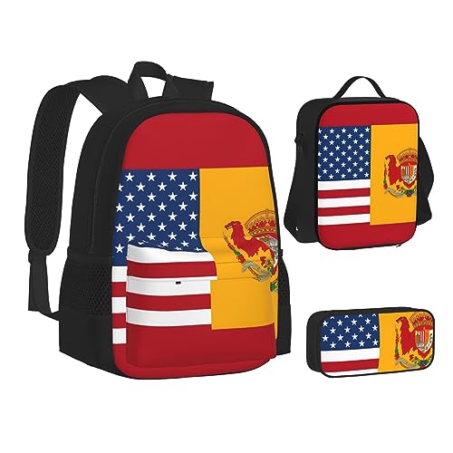 BONDIJ Alte Karte Welt Globus Rucksäcke für die Schule mit Brotdose Federmappe, wasserabweisende Tasche für Jungen Mädchen Lehrer Geschenke, Amerikanische Spanien-Flagge, Einheitsgröße von BONDIJ