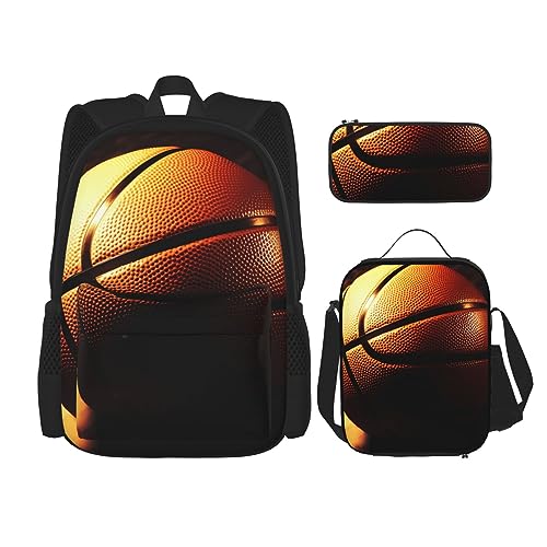 BONDIJ Basketball-Hintergrund-Rucksäcke für die Schule, mit Lunchbox, Federmäppchen, wasserabweisend, Büchertasche für Jungen, Mädchen, Lehrer, Geschenke, Basketball-Hintergrund, Einheitsgröße, von BONDIJ