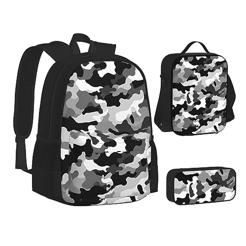 BONDIJ Blaue Camouflage-Rucksäcke für die Schule mit Lunchbox, Federmäppchen, wasserabweisende Tasche für Jungen und Mädchen, Lehrergeschenke, Schwarz Grau Weiß Camo, Einheitsgröße von BONDIJ