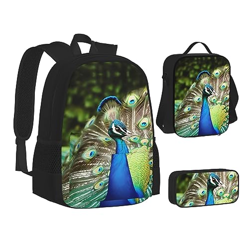 BONDIJ Blaue Camouflage-Rucksäcke für die Schule mit Lunchbox, Federmäppchen, wasserabweisende Tasche für Jungen und Mädchen, Lehrergeschenke, pfau, Einheitsgröße von BONDIJ