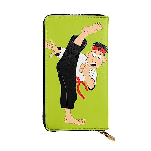 BONDIJ Cartoon Karate Frauen Geldbörsen PU Leder Lange Reißverschluss Kartenetui Mehrere Kartenfächer Clutch, Schwarz , Einheitsgröße von BONDIJ