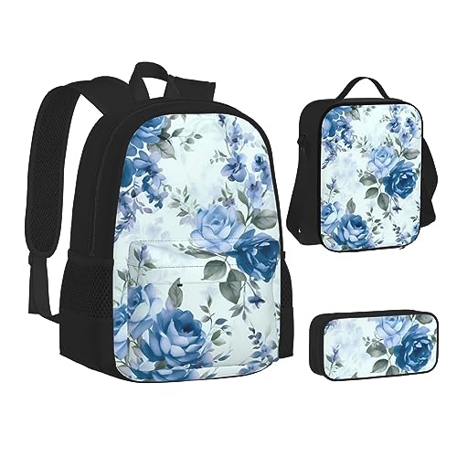 BONDIJ Chalet by The Lake Rucksäcke für die Schule mit Brotdose, Federmäppchen, wasserabweisende Tasche für Jungen Mädchen Lehrer Geschenke, Blaue Blumen Muster Rosen, Einheitsgröße von BONDIJ