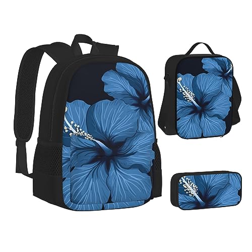 BONDIJ Chalet by The Lake Rucksäcke für die Schule mit Brotdose, Federmäppchen, wasserabweisende Tasche für Jungen Mädchen Lehrer Geschenke, Blauer Hibiskus, Einheitsgröße von BONDIJ