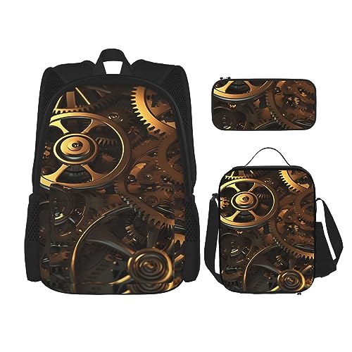 BONDIJ Coole Steampunk-Zahnrad-Rucksäcke für die Schule mit Lunchbox, Federmäppchen, wasserabweisende Büchertasche für Jungen und Mädchen, Lehrergeschenke, Coole Steampunk-Getriebe, Einheitsgröße, von BONDIJ