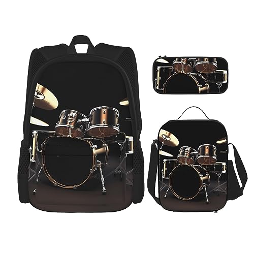 BONDIJ Coole Steampunk-Zahnrad-Rucksäcke für die Schule mit Lunchbox, Federmäppchen, wasserabweisende Büchertasche für Jungen und Mädchen, Lehrergeschenke, Cooles Schlagzeug-Set, Einheitsgröße, von BONDIJ