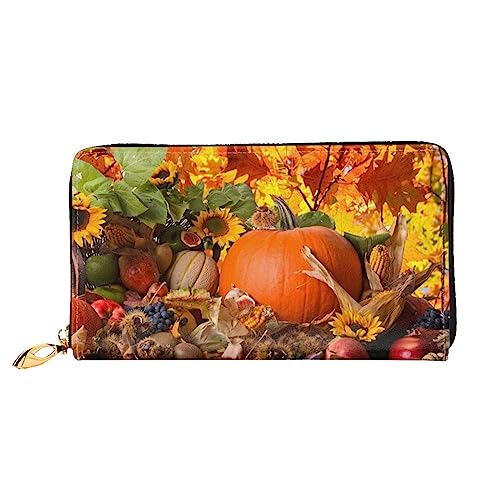 BONDIJ Damen-Geldbörsen – PU-Leder langer Reißverschluss Kartenetui – Bass Fishing Wave (2) mehrere Kartenfächer Clutch für Frauen, Autumn Leaves Happy Thanksgiving Day Kürbis, Einheitsgröße von BONDIJ