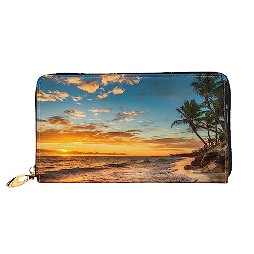 BONDIJ Damen-Geldbörsen – PU-Leder langer Reißverschluss Kartenetui – Sonnenaufgang Segelboot mehrere Kartenfächer Clutch für Frauen, Sunset Ocean Beach, Einheitsgröße von BONDIJ