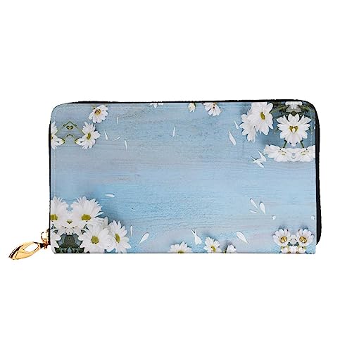 BONDIJ Damen-Geldbörsen – PU-Leder langer Reißverschluss Kartenetui – weiße Blumen hellblaues Holz mehrere Kartenfächer Clutch für Frauen, Weiße Blumen Hellblau Holz, Einheitsgröße von BONDIJ