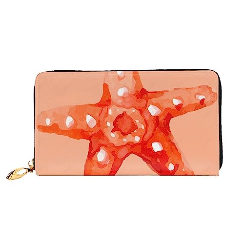 BONDIJ Damen-Geldbörsen – PU-Leder langer Reißverschluss Kartenetui – weiße Blumen hellblaues Holz mehrere Kartenfächer Clutch für Frauen, starfish, Einheitsgröße von BONDIJ