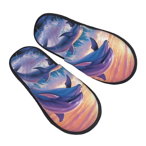BONDIJ Delfine Kunstdruck-Hausschuhe aus weichem Plüsch, warme Slip-On-Hausschuhe für drinnen und draußen, Schwarz , Einheitsgröße von BONDIJ