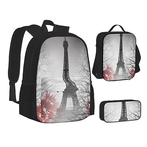 BONDIJ Eiffelturm Paris Rucksäcke für die Schule mit Lunchbox Federmappe, wasserabweisende Tasche für Jungen Mädchen Lehrer Geschenke, Eiffelturm Herbstlaub, Einheitsgröße von BONDIJ