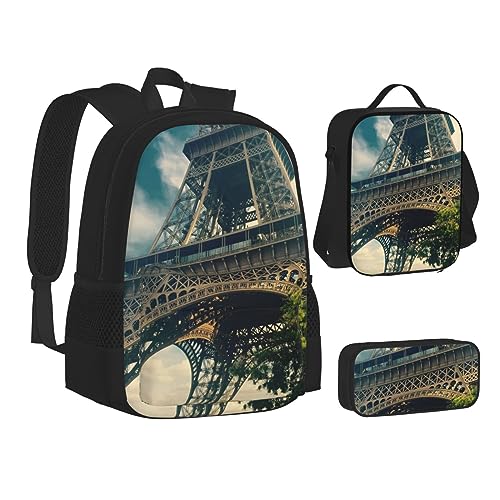 BONDIJ Eiffelturm Paris Rucksäcke für die Schule mit Lunchbox Federmappe, wasserabweisende Tasche für Jungen Mädchen Lehrer Geschenke, Eiffelturm Paris4, Einheitsgröße von BONDIJ