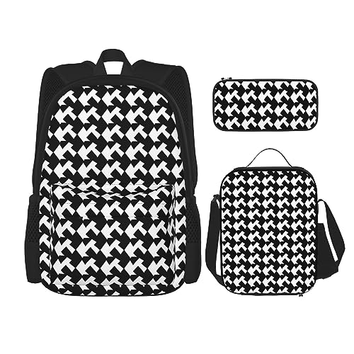 BONDIJ Eishockey-Muster-Rucksäcke für die Schule mit Lunchbox-Federmäppchen, wasserabweisende Büchertasche für Jungen Mädchen Lehrer Geschenke, Houndstooth Schwarz, Einheitsgröße, Daypack Rucksäcke von BONDIJ