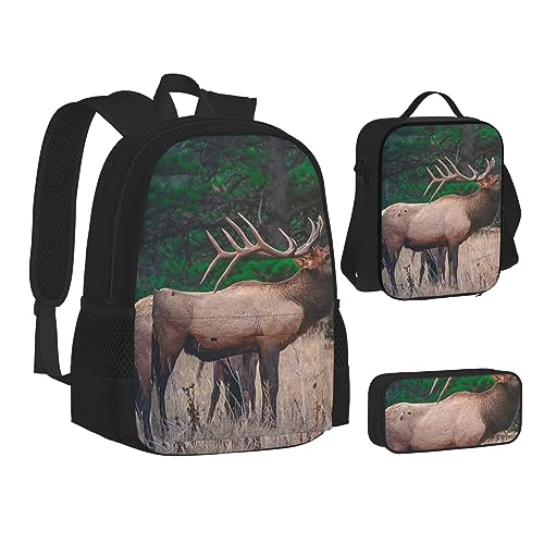 BONDIJ Elch Rucksäcke für die Schule mit Lunchbox Federmappe, wasserabweisende Tasche für Jungen Mädchen Lehrer Geschenke, Elch Wild Deer Tier, Einheitsgröße von BONDIJ