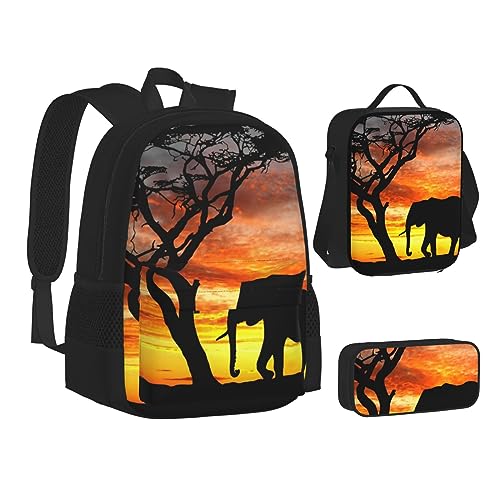 BONDIJ Elefantenblauer, schwarzer Rucksack für die Schule, mit Lunchbox, Federmäppchen, wasserabweisende Tasche für Jungen und Mädchen, Lehrergeschenke, Elefant Sonnenuntergang, Einheitsgröße von BONDIJ