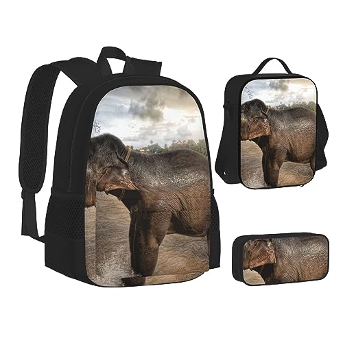 BONDIJ Elefantenblauer, schwarzer Rucksack für die Schule, mit Lunchbox, Federmäppchen, wasserabweisende Tasche für Jungen und Mädchen, Lehrergeschenke, Elefant Spritzwasser, Einheitsgröße von BONDIJ