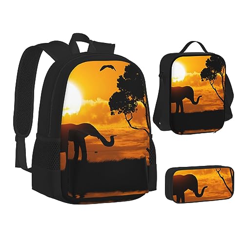 BONDIJ Elefantenblauer, schwarzer Rucksack für die Schule, mit Lunchbox, Federmäppchen, wasserabweisende Tasche für Jungen und Mädchen, Lehrergeschenke, Elefant der Sonnenuntergang, Einheitsgröße von BONDIJ