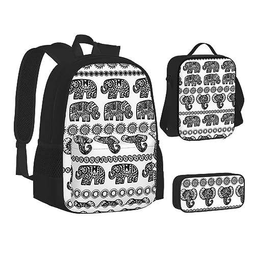 BONDIJ Elefantenblauer, schwarzer Rucksack für die Schule, mit Lunchbox, Federmäppchen, wasserabweisende Tasche für Jungen und Mädchen, Lehrergeschenke, Elefantenmuster 2, Einheitsgröße von BONDIJ