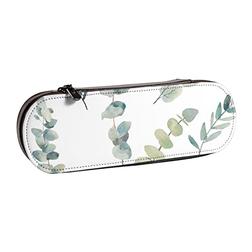 BONDIJ Ethnische Kreise Blumenmuster Bedruckte Leder Bleistift Pouch, Große Kapazität Stifttaschen Niedlich Bleistift Fall Kosmetik Organizer Tasche mit Reißverschluss, Eukalyptusblätter1, von BONDIJ