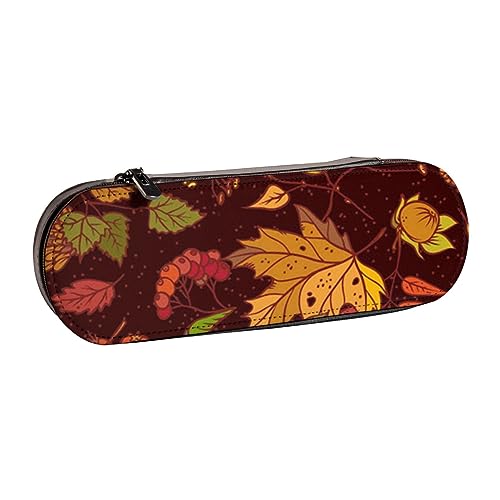 BONDIJ Fall Herbst Blätter Eichel Beeren Gedruckt Leder Bleistift Pouch, Große Kapazität Stift Taschen Niedlich Bleistift Fall Kosmetik Organizer Tasche mit Reißverschluss, Herbst Blätter von BONDIJ