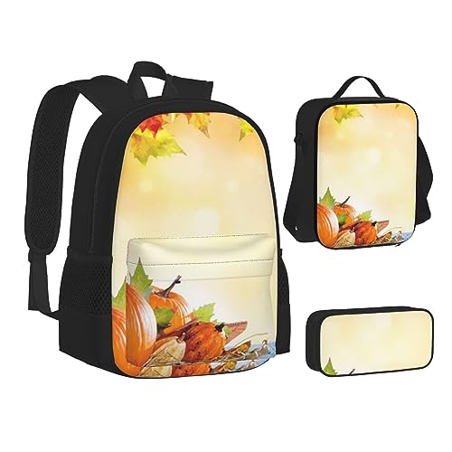 BONDIJ Fallen Leaves Rucksäcke für die Schule mit Lunchbox Federmappe, wasserabweisende Tasche für Jungen Mädchen Lehrer Geschenke, Herbst Thanksgiving2, Einheitsgröße von BONDIJ