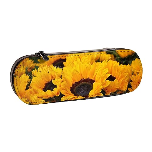 BONDIJ Gelbe Sonnenblumen-Feld-gedruckte Leder-Bleistift-Tasche, große Kapazität, niedliches Federmäppchen, kosmetische Organizer-Tasche mit Reißverschluss, Gelbes Sonnenblumenfeld, Einheitsgröße, von BONDIJ