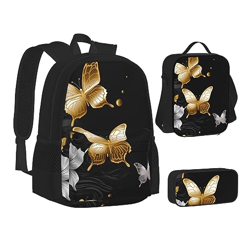 BONDIJ Gold Weiß Schmetterlinge Schwarz Rucksäcke für Schule mit Brotdose Federmäppchen Wasserabweisende Tasche für Jungen Mädchen Lehrer Geschenke, Gold, Weiß, Schmetterlinge, Schwarz, Einheitsgröße von BONDIJ