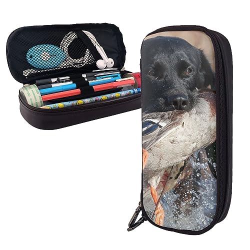 BONDIJ Golden Mikrofon gedruckt Leder Bleistift Pouch, große Kapazität Stift Taschen niedlichen Bleistift Fall Kosmetik Organizer Tasche mit Reißverschluss, Lustige Hunde-Jagd-Ente, Einheitsgröße von BONDIJ