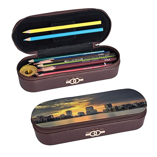 BONDIJ Goldene Pflanze Blätter gedruckt Leder Bleistift Pouch, große Kapazität Stifttaschen niedlichen Bleistift Fall Kosmetik Organizer Tasche mit Reißverschluss, Irving Texas Sonnenuntergang, von BONDIJ