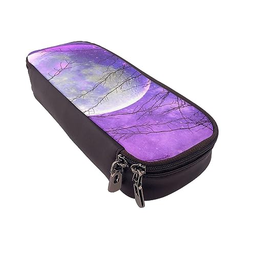 BONDIJ Halloween Bedruckte Leder Bleistift Pouch, Große Kapazität Stift Taschen Niedlich Bleistift Fall Kosmetik Organizer Tasche mit Reißverschluss, Galaxie und Mond, Violett, Einheitsgröße, von BONDIJ