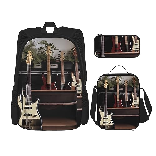 BONDIJ Haunted Mansion Rucksäcke für die Schule mit Brotdose, Federmäppchen, wasserabweisende Büchertasche für Jungen Mädchen Lehrer Geschenke, Gitarre Bass Musik, Einheitsgröße, Daypack Rucksäcke von BONDIJ